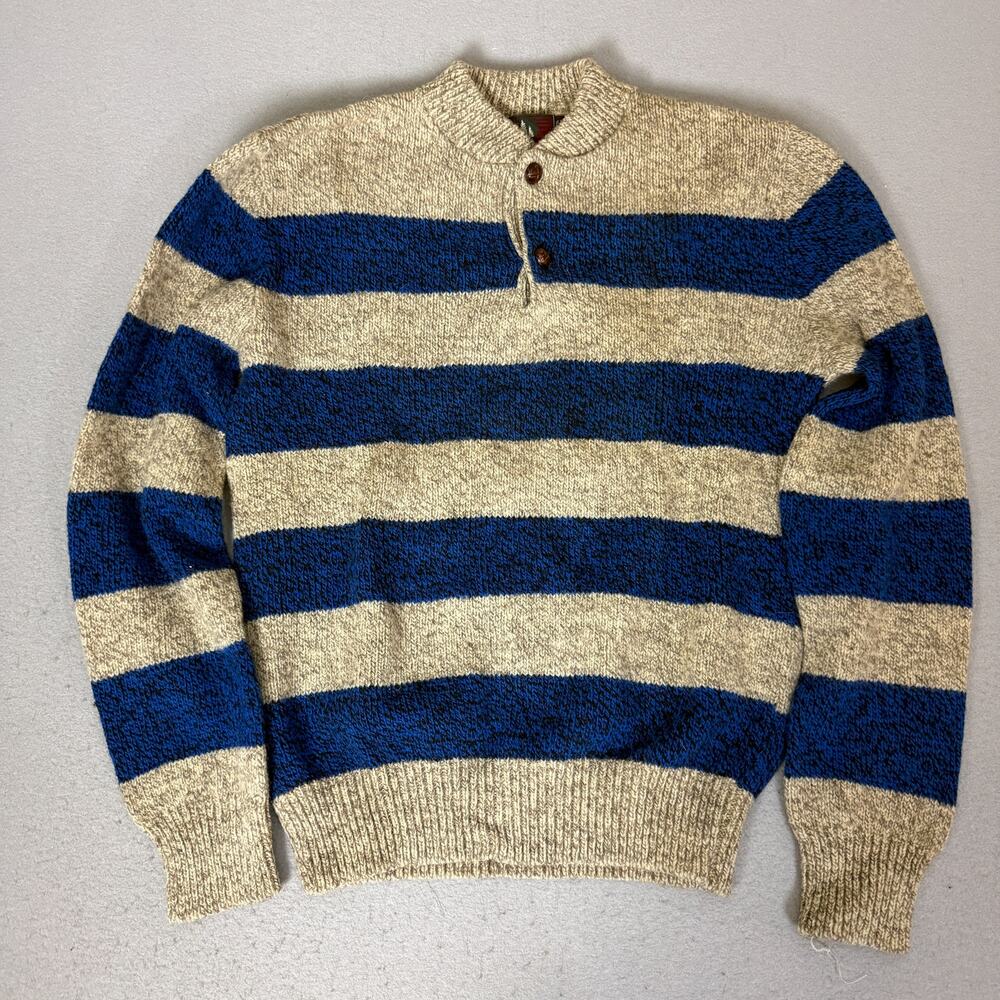 High Sierra Wool Blend Sweater Mens L Blue Beige Striped Button Collar Pullover